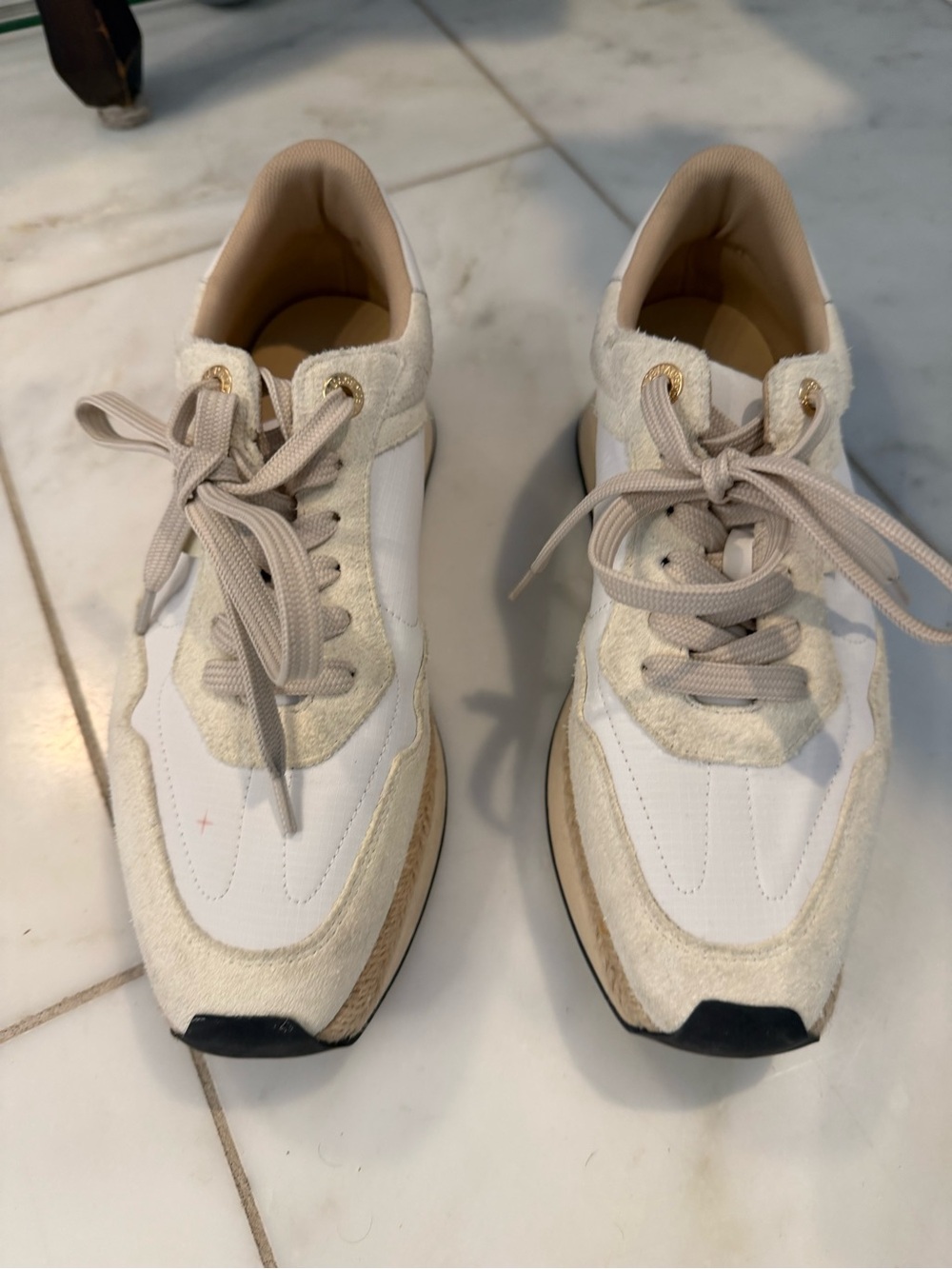 L'AGENCE White and Beige Suede-Trim Lace-Up Sneakers